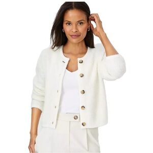Ann Taylor Boucle Fluffy Button Front Crew Neck Cardigan Ivory Sz Large